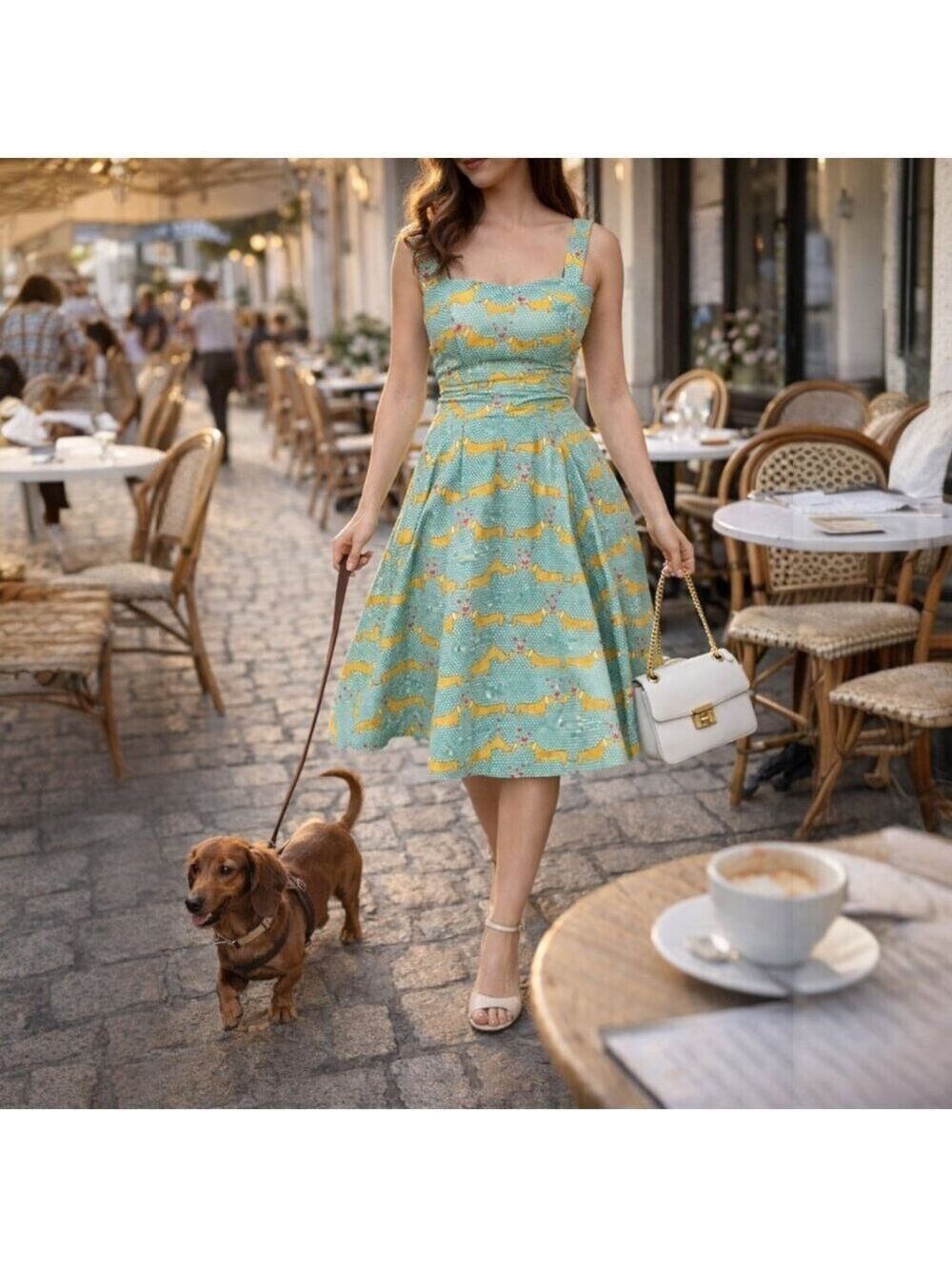 Playful Dachshund Print Fit & Flare Dress – USA – Cotton Stretch – Tie Back